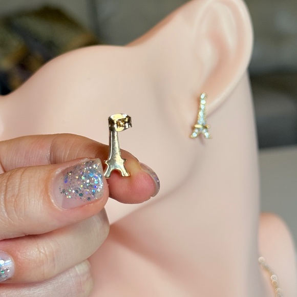 Minimalist Silver Eiffel Tower Earrings - Picture 7 of 11